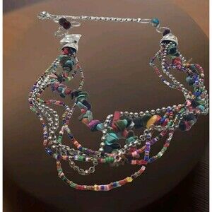 Women's Multi-Strand Necklace Beads & Stones Sliver Tone Adjustable Chain